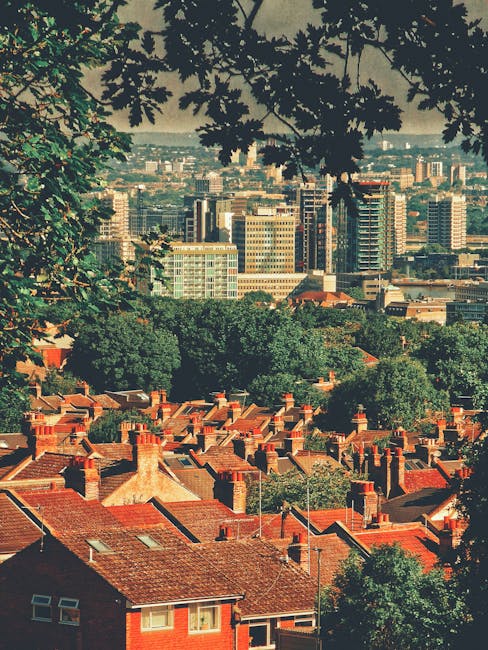 A cityscape viewed from an elevated position, featuring a foreground of red brick residential houses with pitched roofs, some chimneys, and small windows, partially obscured by the dark silhouette of tree branches and leaves overhead. Behind the houses, there is a dense area of green trees and foliage, forming a natural barrier. Further into the background, modern high-rise office buildings and apartment blocks are visible, showcasing a variety of architectural styles, with glass and concrete facades. The scene is illuminated by natural daylight, with clear weather and a bright sky, and the overall composition captures the contrast between the suburban residential area and the urban business district, reflecting a typical landscape encountered during home relocation or moving services in Abbey Wood, as handled by Man and Van Abbey Wood.