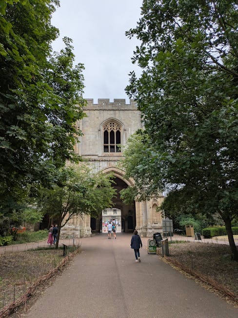 A wide view of the medieval ruins of Lesnes Abbey, featuring weathered stone walls with large arched windows and a central tower, set against a partly cloudy sky. The foreground includes moss-covered rocks and a patch of grass, with some small plants growing among the stones. In the background, leafless trees are visible beyond the ruins. The scene is captured during daylight, highlighting the textures of the ancient stonework. The image is relevant to house removals and moving services provided by Man and Van Abbey Wood, illustrating the type of historical structures that may be involved or located near relocations in the Abbey Wood area.