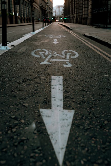 Close-up view of a designated cycling lane on a city street, featuring white bicycle symbols and directional arrows painted directly on the asphalt. The lane is separated from the vehicle roadway by black posts with plastic connectors. In the background, tall buildings with large windows line the street, which appears to be designated for home relocation and moving services like those offered by Man and Van Abbey Wood. The scene is illuminated by natural daylight, and the overall setting suggests an urban environment with narrow streets and parking rules relevant to house removals in Abbey Wood, SE2, with appropriate markings to facilitate safe and efficient furniture transport during packing and loading processes.